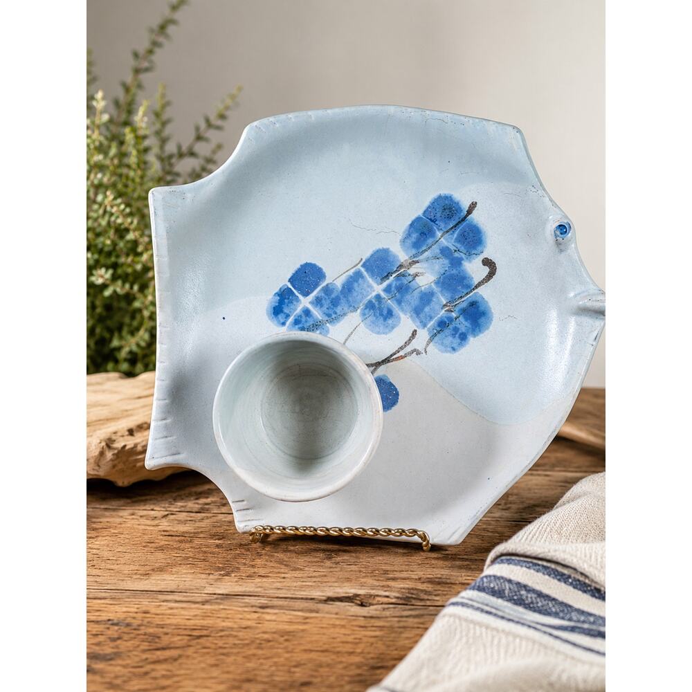 Vintage Studio Pottery Fish Platter Chip Dip Bowl Blue Signed Ceramic Follette